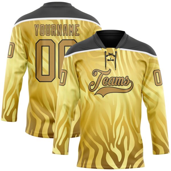 Custom Yellow Old Gold Black-White Zebra Print Hockey Lace Neck Jersey