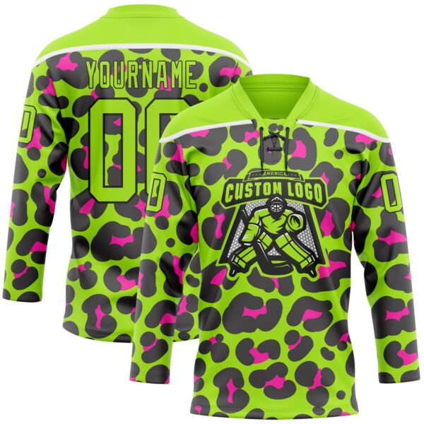 Custom Neon Green Pink Black-White Leopard Print Neon Hockey Lace Neck Jersey