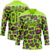 Custom Neon Green Pink Black-White Leopard Print Neon Hockey Lace Neck Jersey