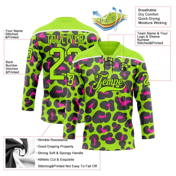 Custom Neon Green Pink Black-White Leopard Print Neon Hockey Lace Neck Jersey