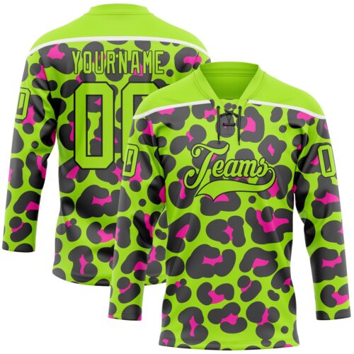Custom Neon Green Pink Black-White Leopard Print Neon Hockey Lace Neck Jersey