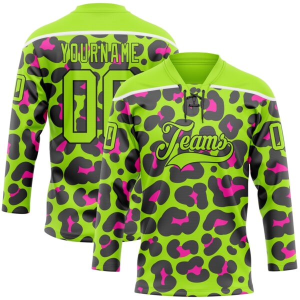 Custom Neon Green Pink Black-White Leopard Print Neon Hockey Lace Neck Jersey