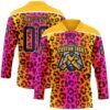 Custom Gold Navy-Pink Leopard Print Neon Hockey Lace Neck Jersey