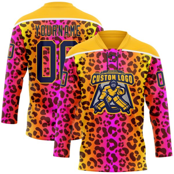Custom Gold Navy-Pink Leopard Print Neon Hockey Lace Neck Jersey