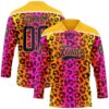 Custom Gold Navy-Pink Leopard Print Neon Hockey Lace Neck Jersey