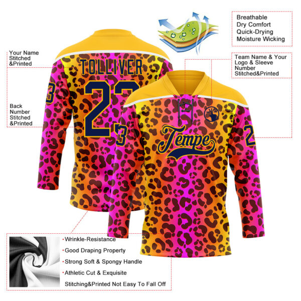 Custom Gold Navy-Pink Leopard Print Neon Hockey Lace Neck Jersey