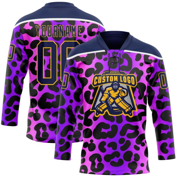 Custom Purple Navy Pink-Gold Leopard Print Neon Hockey Lace Neck Jersey