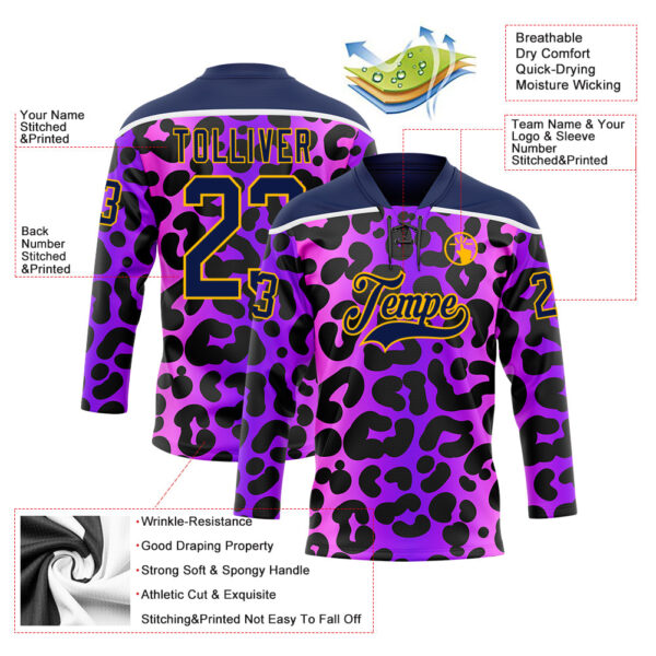 Custom Purple Navy Pink-Gold Leopard Print Neon Hockey Lace Neck Jersey