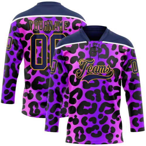 Custom Purple Navy Pink-Gold Leopard Print Neon Hockey Lace Neck Jersey