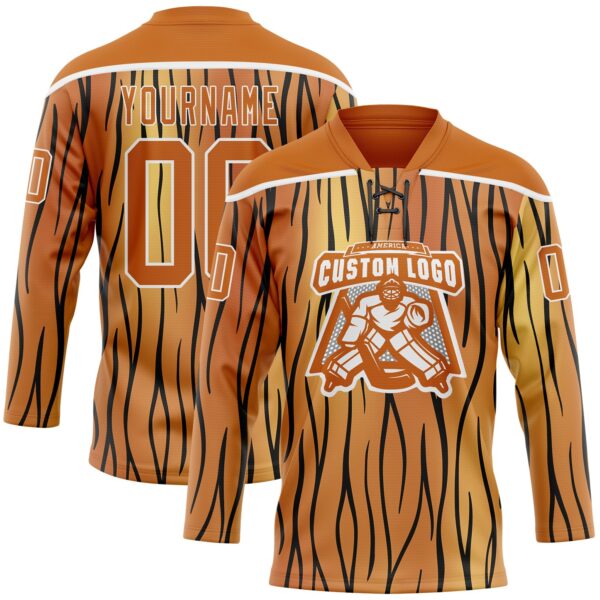Custom Texas Orange Black-White Tiger Print Hockey Lace Neck Jersey
