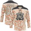 Custom Cream Orange Black-White Leopard Print Hockey Lace Neck Jersey
