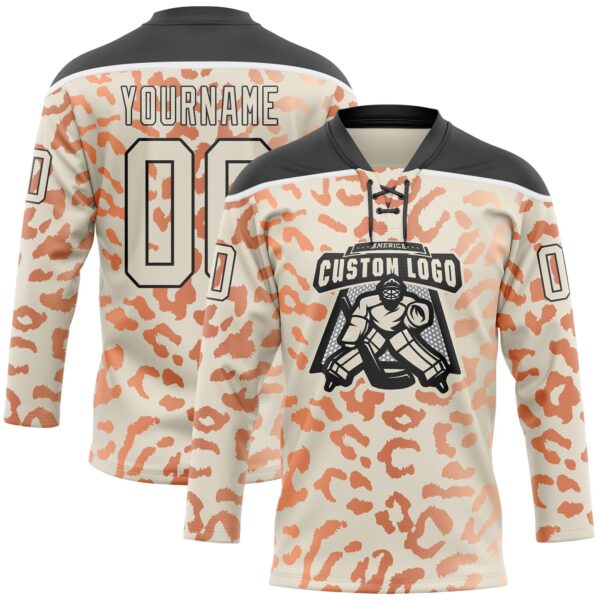 Custom Cream Orange Black-White Leopard Print Hockey Lace Neck Jersey