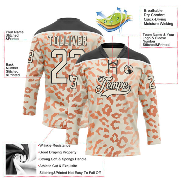 Custom Cream Orange Black-White Leopard Print Hockey Lace Neck Jersey