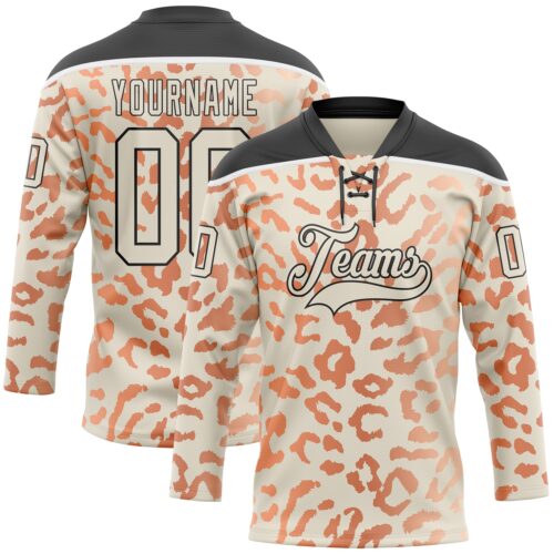 Custom Cream Orange Black-White Leopard Print Hockey Lace Neck Jersey