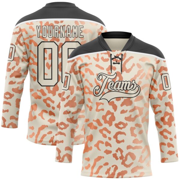 Custom Cream Orange Black-White Leopard Print Hockey Lace Neck Jersey