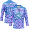 Custom Pink Powder Blue-White Leopard Print Neon Hockey Lace Neck Jersey