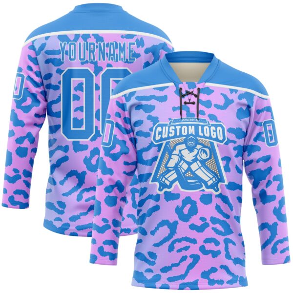Custom Pink Powder Blue-White Leopard Print Neon Hockey Lace Neck Jersey
