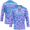 Custom Pink Powder Blue-White Leopard Print Neon Hockey Lace Neck Jersey