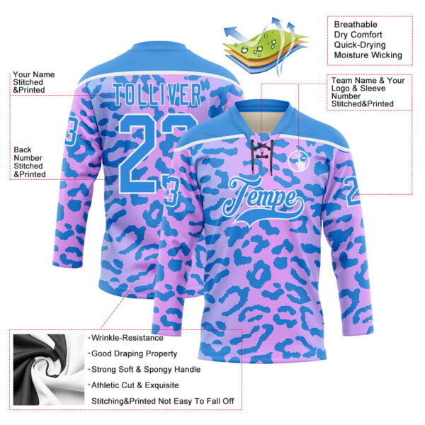 Custom Pink Powder Blue-White Leopard Print Neon Hockey Lace Neck Jersey
