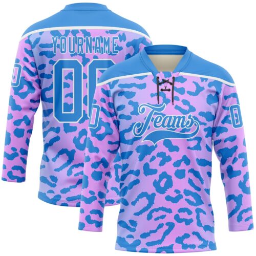 Custom Pink Powder Blue-White Leopard Print Neon Hockey Lace Neck Jersey