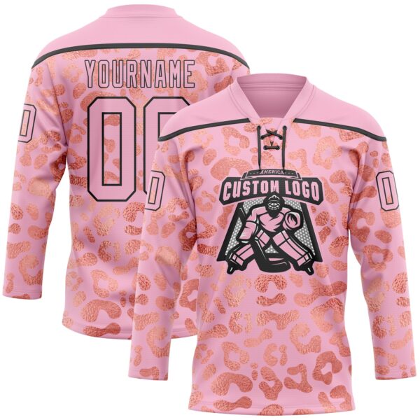 Custom Light Pink Black Leopard Print Neon Hockey Lace Neck Jersey
