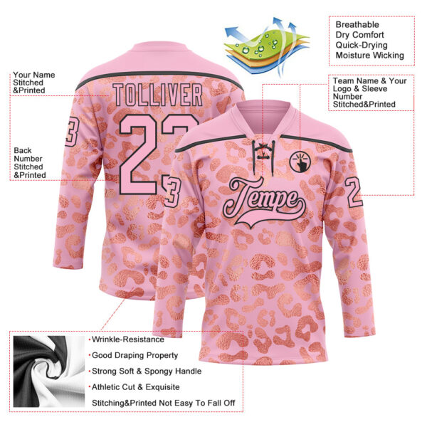 Custom Light Pink Black Leopard Print Neon Hockey Lace Neck Jersey