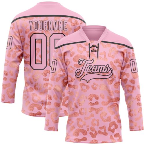 Custom Light Pink Black Leopard Print Neon Hockey Lace Neck Jersey