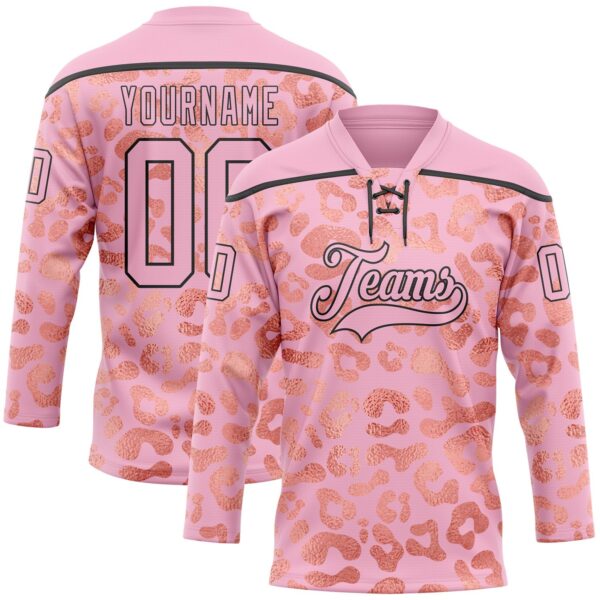 Custom Light Pink Black Leopard Print Neon Hockey Lace Neck Jersey