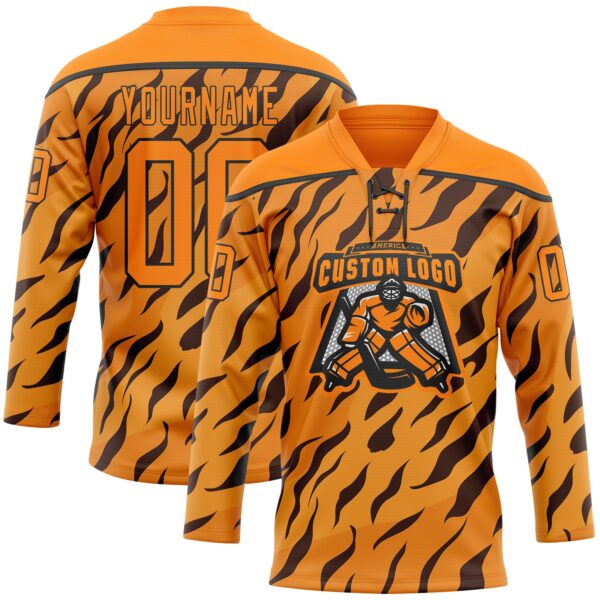 Custom Bay Orange Black Tiger Print Neon Hockey Lace Neck Jersey