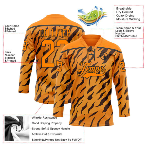 Custom Bay Orange Black Tiger Print Neon Hockey Lace Neck Jersey