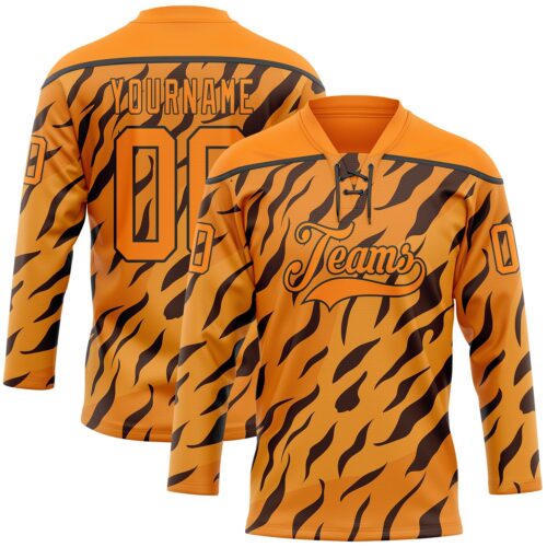 Custom Bay Orange Black Tiger Print Neon Hockey Lace Neck Jersey