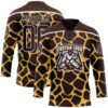 Custom Brown White Giraffe Print Neon Hockey Lace Neck Jersey