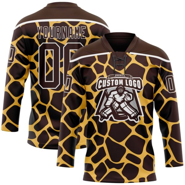 Custom Brown White Giraffe Print Neon Hockey Lace Neck Jersey