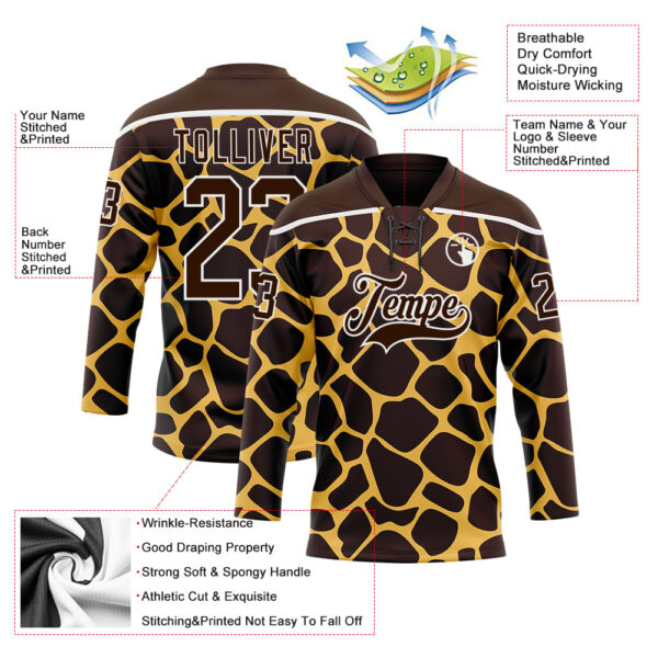 Custom Brown White Giraffe Print Neon Hockey Lace Neck Jersey