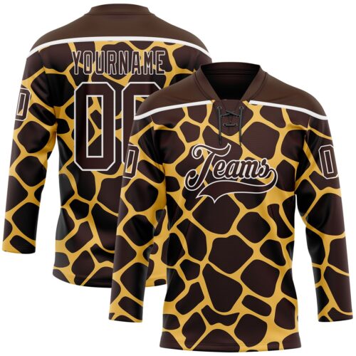 Custom Brown White Giraffe Print Neon Hockey Lace Neck Jersey