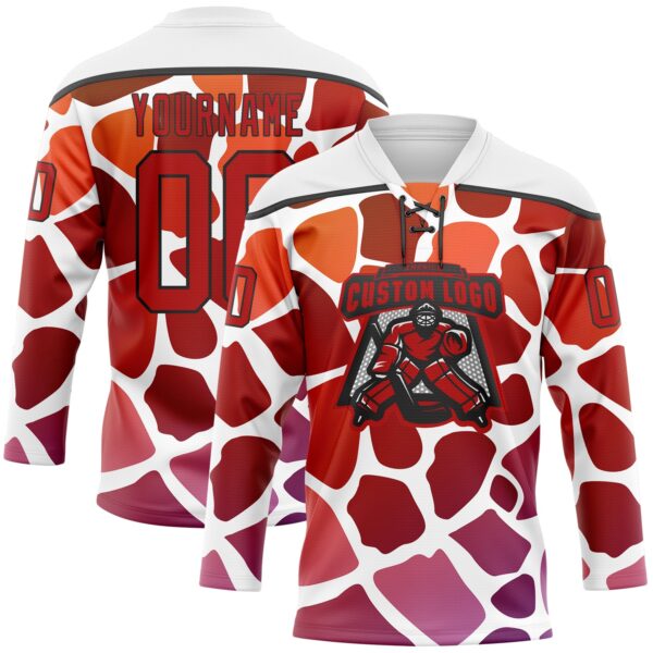 Custom White Red-Black Gradient Giraffe Print Neon Hockey Lace Neck Jersey