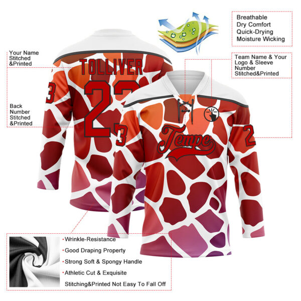 Custom White Red-Black Gradient Giraffe Print Neon Hockey Lace Neck Jersey