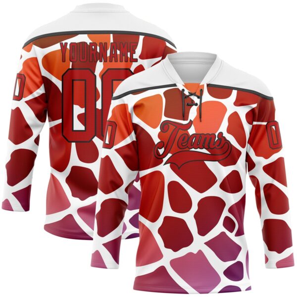 Custom White Red-Black Gradient Giraffe Print Neon Hockey Lace Neck Jersey