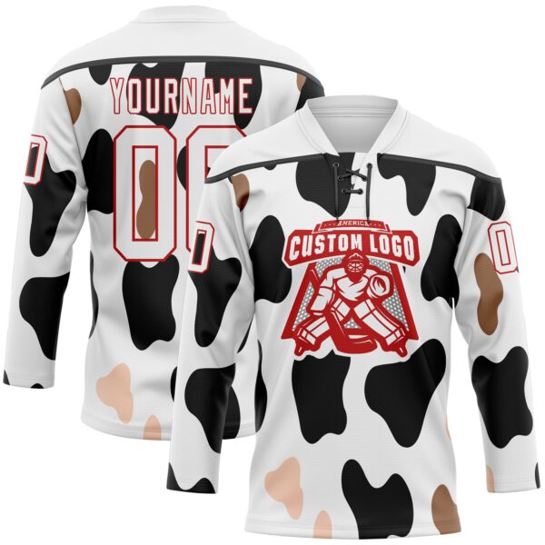 Custom White Black-Red Cow Print Neon Hockey Lace Neck Jersey