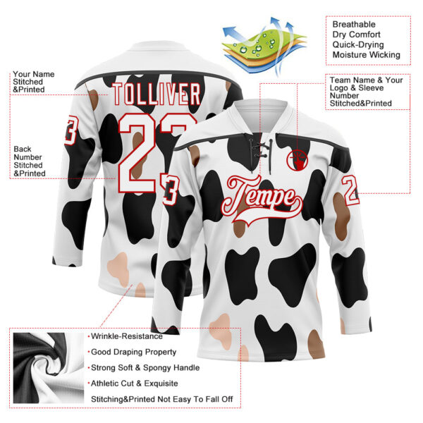 Custom White Black-Red Cow Print Neon Hockey Lace Neck Jersey