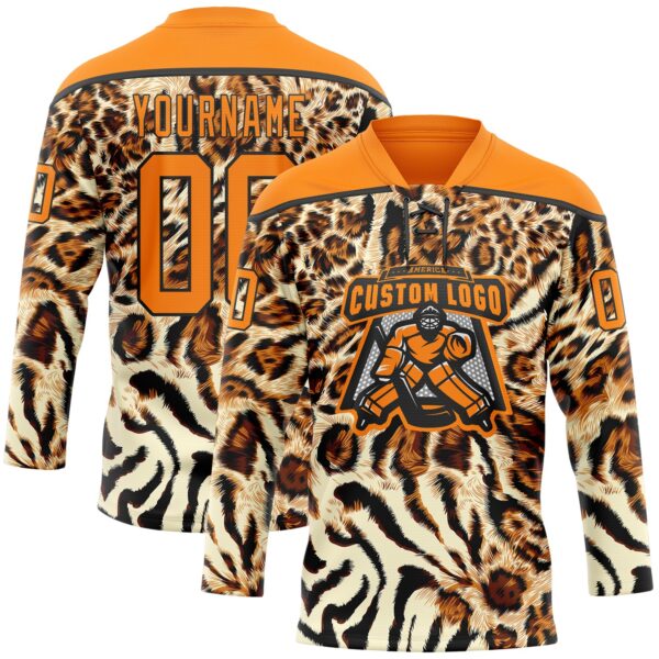 Custom Cream Bay Orange-Black Leopard Print Neon Hockey Lace Neck Jersey