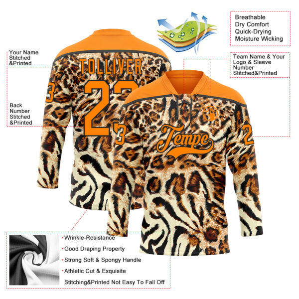 Custom Cream Bay Orange-Black Leopard Print Neon Hockey Lace Neck Jersey