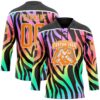 Custom Black Bay Orange Purple Pink Green-White Zebra Print Neon Hockey Lace Neck Jersey