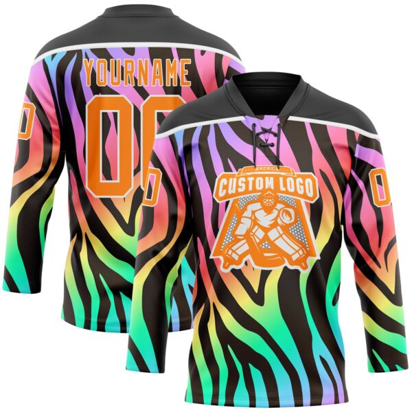 Custom Black Bay Orange Purple Pink Green-White Zebra Print Neon Hockey Lace Neck Jersey