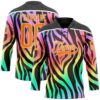Custom Black Bay Orange Purple Pink Green-White Zebra Print Neon Hockey Lace Neck Jersey