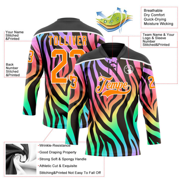 Custom Black Bay Orange Purple Pink Green-White Zebra Print Neon Hockey Lace Neck Jersey