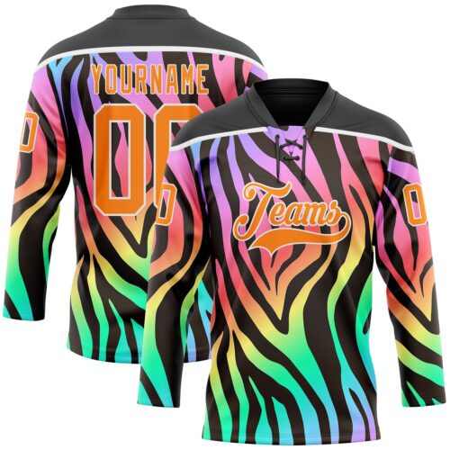 Custom Black Bay Orange Purple Pink Green-White Zebra Print Neon Hockey Lace Neck Jersey