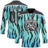 Custom Blue Black-White Tiger Print Hockey Lace Neck Jersey