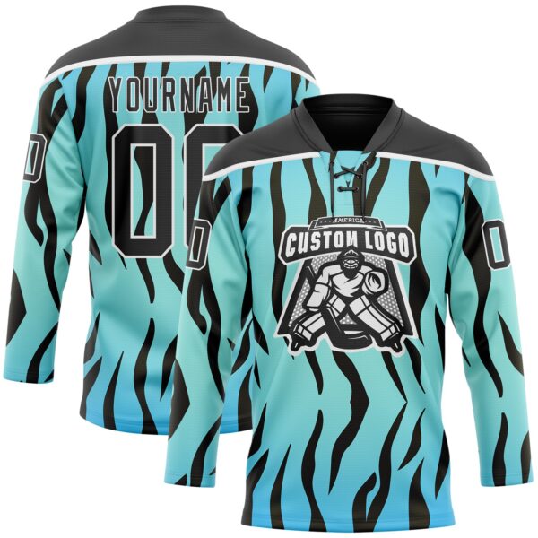 Custom Blue Black-White Tiger Print Hockey Lace Neck Jersey