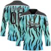 Custom Blue Black-White Tiger Print Hockey Lace Neck Jersey